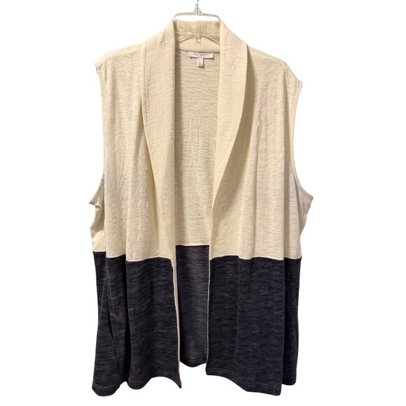 T By Talbots Womens Sleeveless Open Front Color Block Vest 2X Black & Cream - Picture 3 of 11